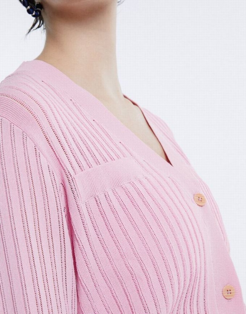 Urban Revivo Rib Knit Cropped Women's Cardigan Pink | TGVQCRW-07