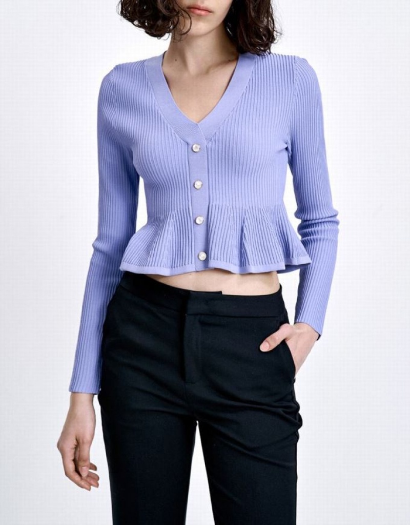 Urban Revivo Ribbed Knit Button Front Knitted Top Women's Cardigan Blue | NFKDTUW-26