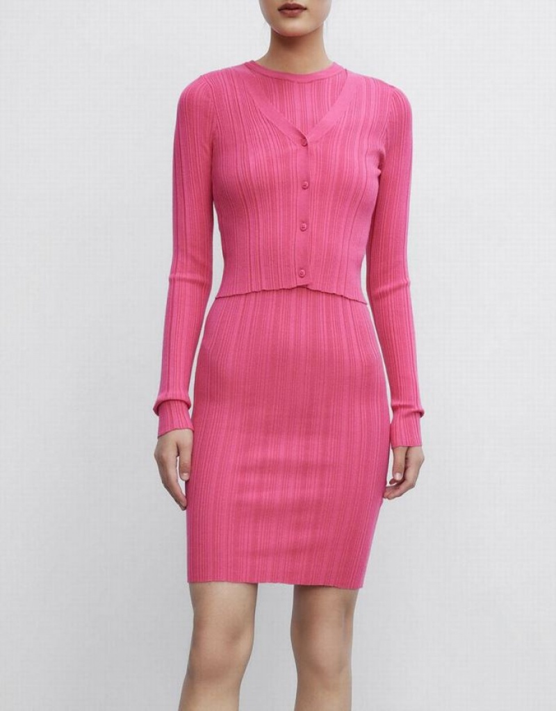 Urban Revivo Ribbed Slinky Bodycon Women's Knitted Dress Pink | RFOKUHW-79