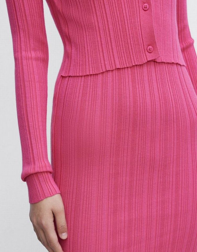 Urban Revivo Ribbed Slinky Bodycon Women's Knitted Dress Pink | RFOKUHW-79