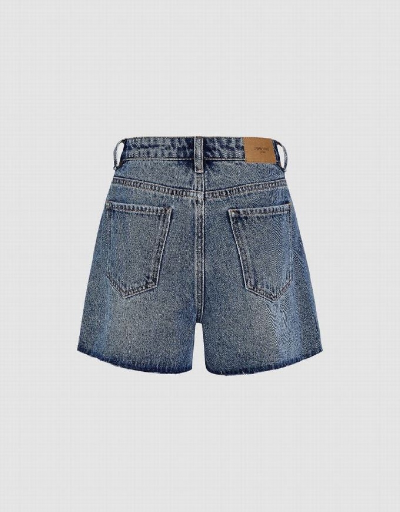 Urban Revivo Ripped Women's Denim Shorts Blue | DCBRIKX-28