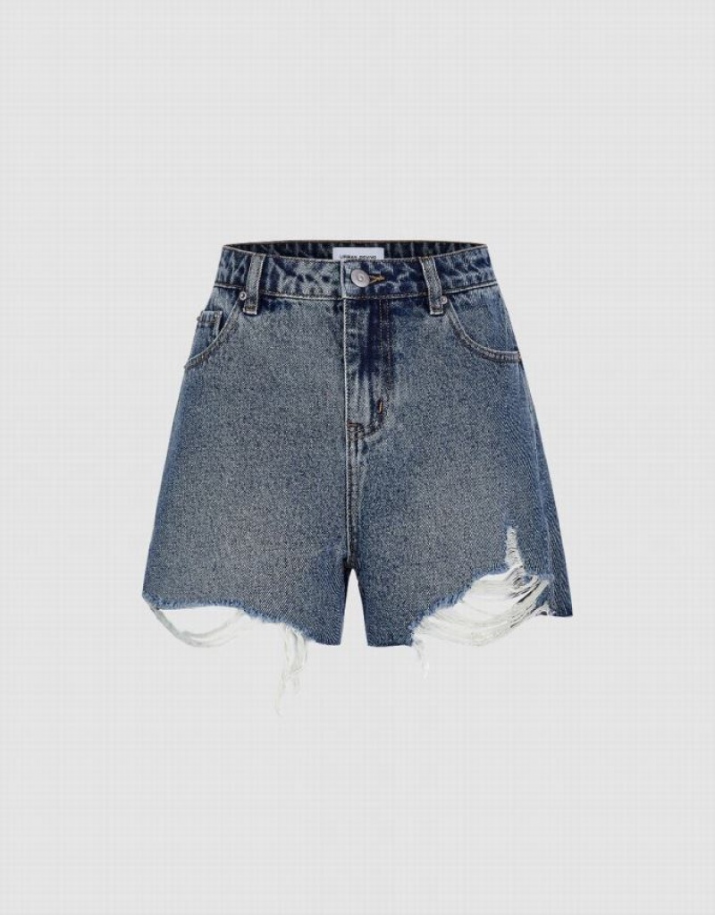 Urban Revivo Ripped Women\'s Denim Shorts Blue | DCBRIKX-28