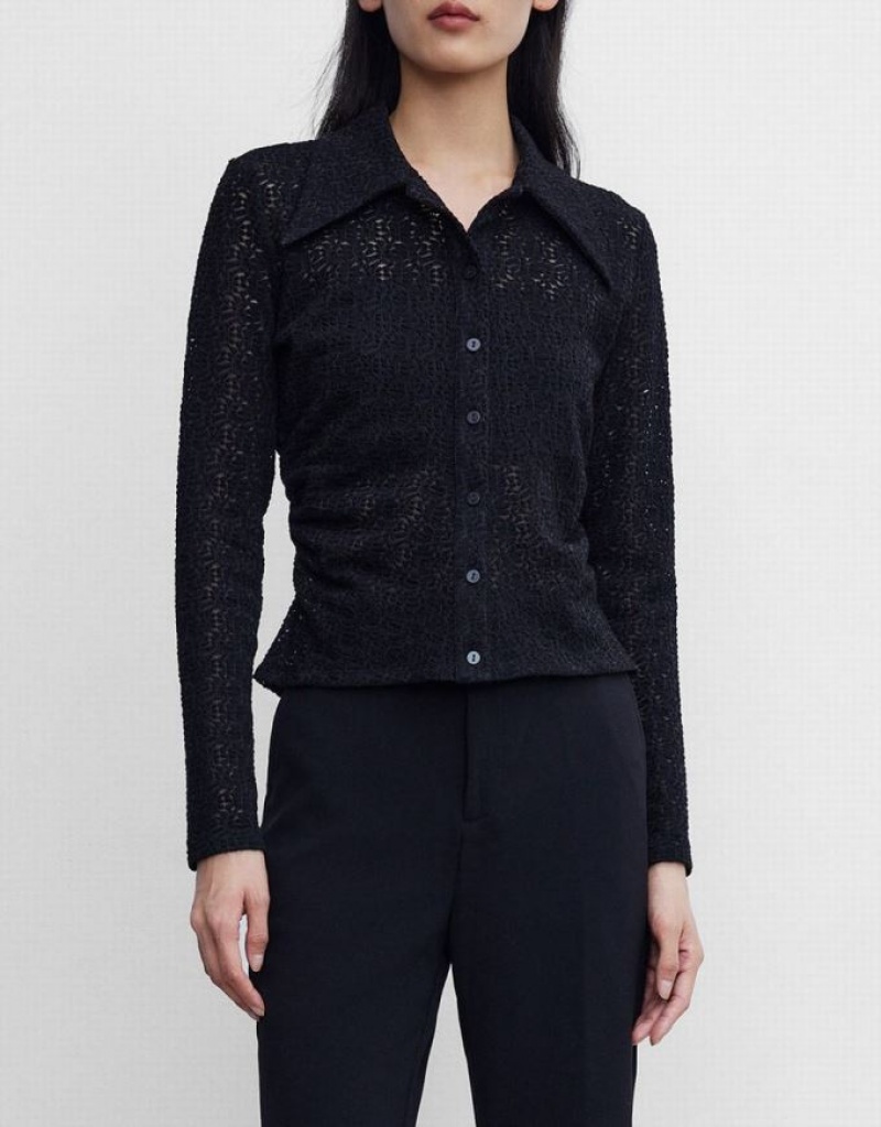 Urban Revivo Ruched Button Up Fitted Women's Shirts Black | BVKWENC-05