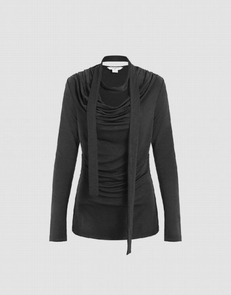 Urban Revivo Ruched Cowl Neck Skinny With Tie Women's T-Shirts Black | AJIYKVW-14