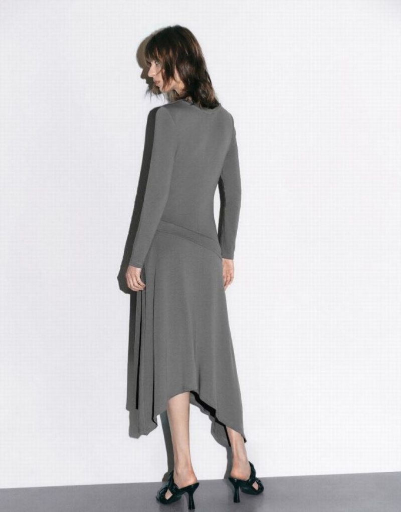 Urban Revivo Ruched Crew Neck A-Line Women's Dress Light Grey | XOUGLJH-27