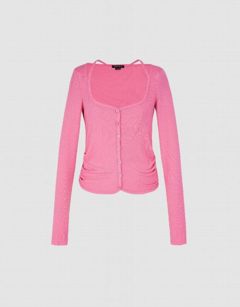 Urban Revivo Ruched Crew Neck Knitted Top Women's Shirts Pink | XKYAHQV-84