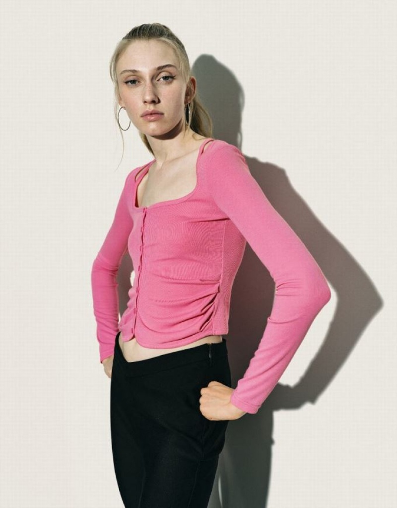 Urban Revivo Ruched Crew Neck Knitted Top Women's Shirts Pink | XKYAHQV-84