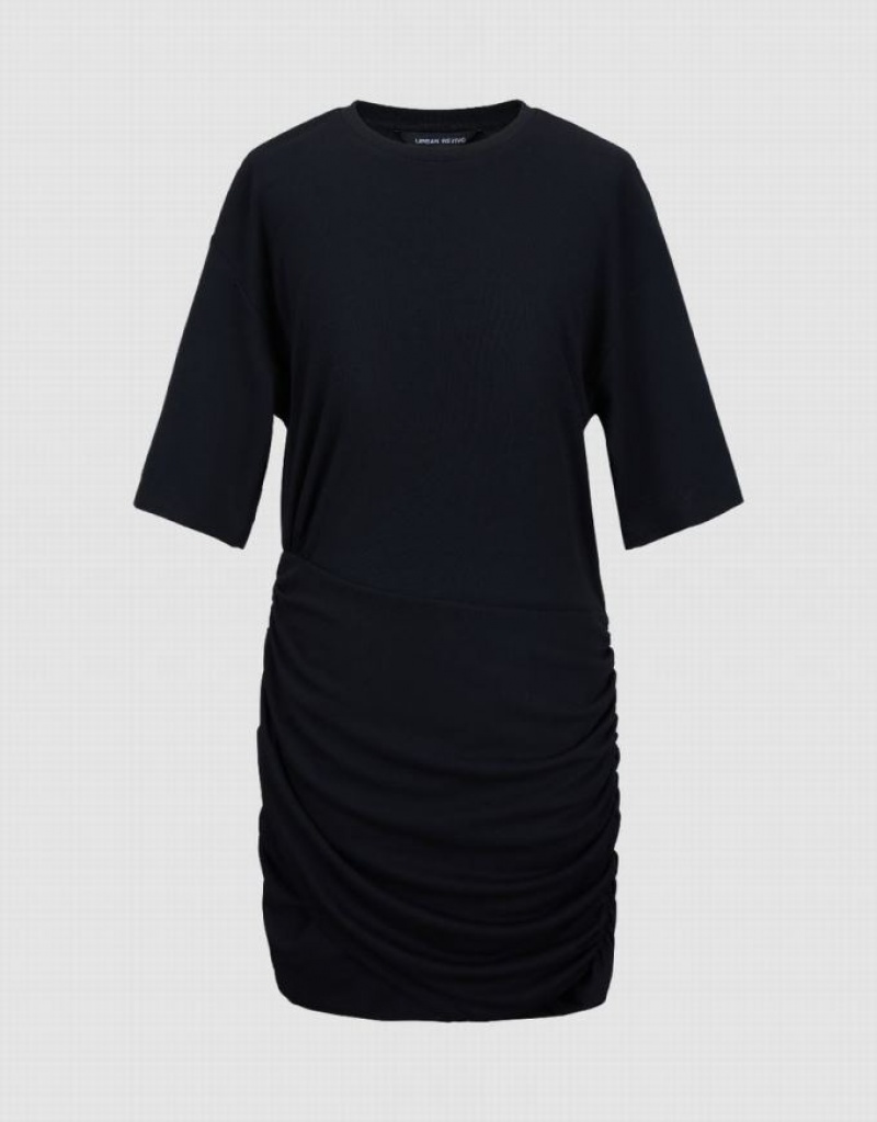 Urban Revivo Ruched Crew Neck Skinny Women's Dress Black | RCJGDMZ-47