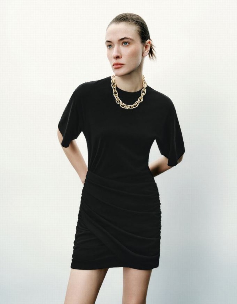 Urban Revivo Ruched Crew Neck Skinny Women\'s Dress Black | RCJGDMZ-47