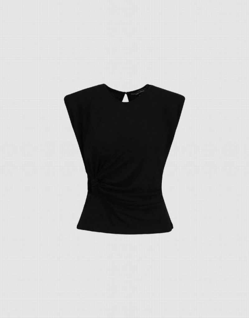 Urban Revivo Ruched Crew Neck Women's Tank Top Black | UIVCRWK-34