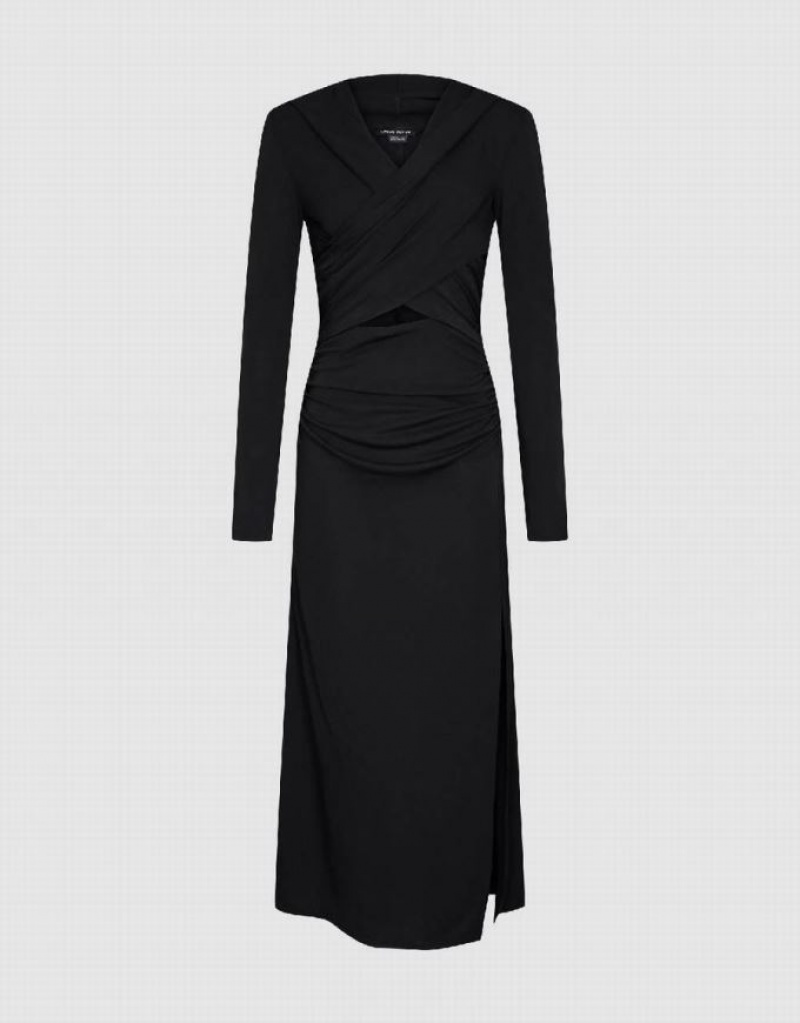 Urban Revivo Ruched Cut-Out Knitted Straight Women's Dress Black | NUOKYZQ-34