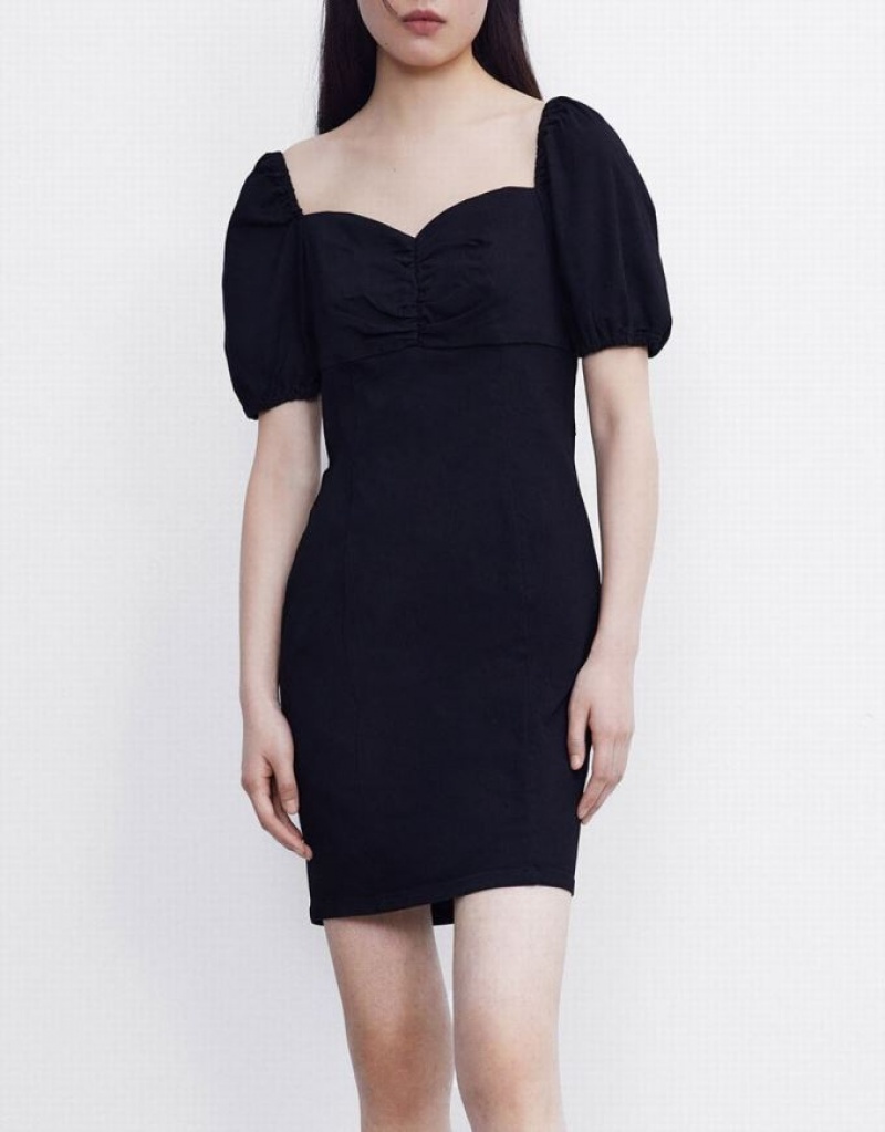 Urban Revivo Ruched Front Puff Sleeve Women's Denim Dress Black | EYLHVPJ-84