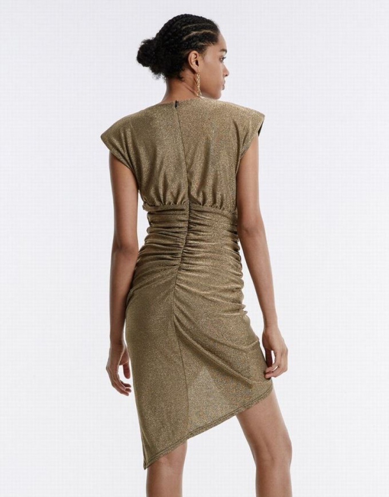 Urban Revivo Ruched Glitter Women's Short Dress Khaki | CHRDNKF-59