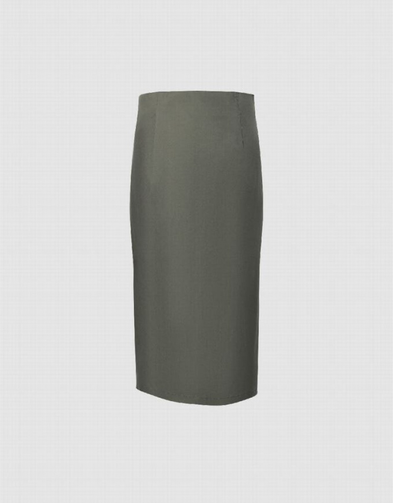 Urban Revivo Ruched Midi Straight Women's Skirts Green | TEUNCMR-75