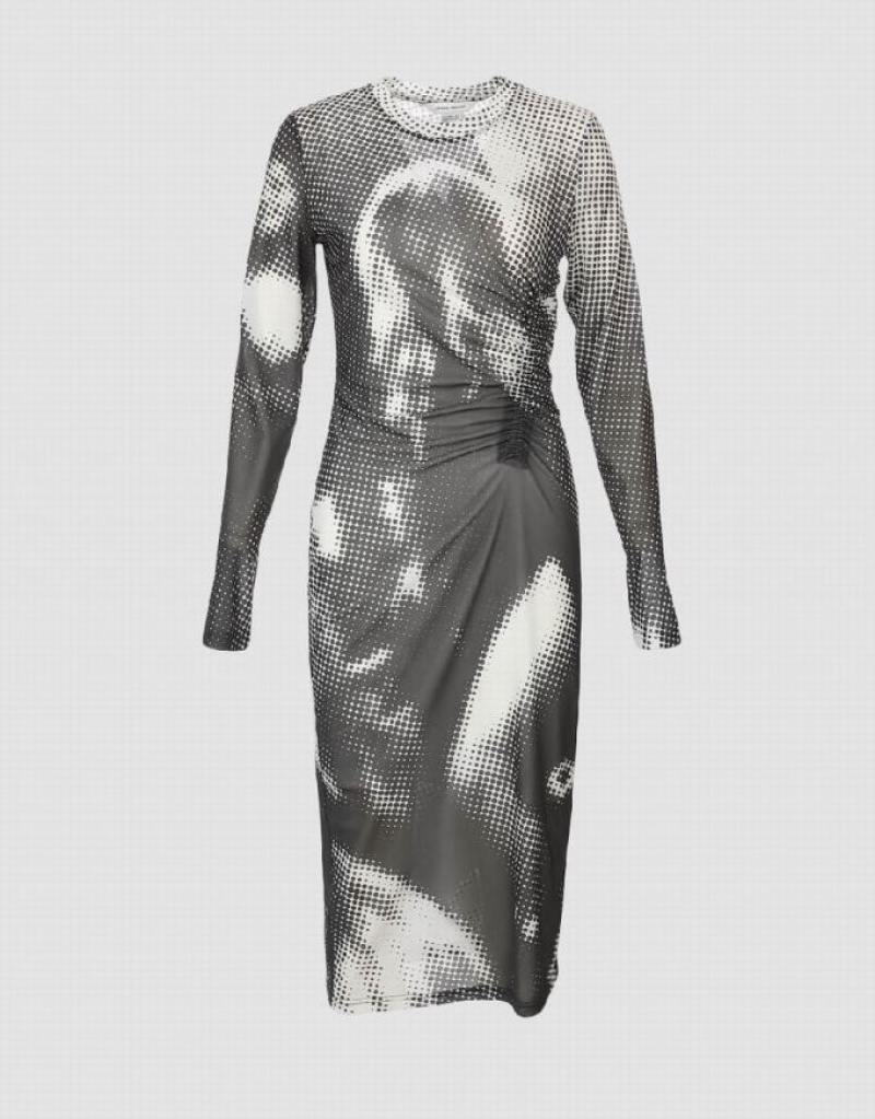 Urban Revivo Ruched Printed Midi Women's Midi Dress Grey | JYLFICP-61