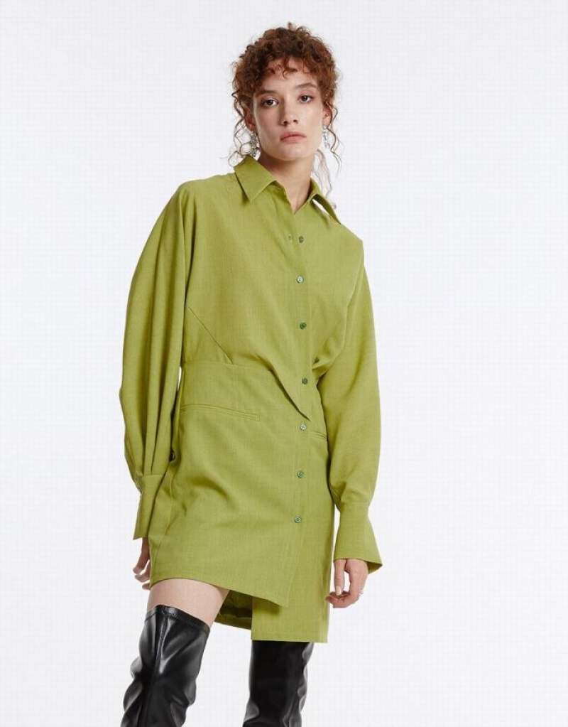 Urban Revivo Ruched Women's Casual Dress Green | HQCTLFU-17