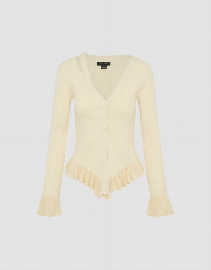 Urban Revivo Ruffle Hem V-Neck Knitted Women's Cardigan Beige | NXZLHJR-31