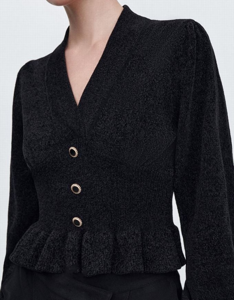 Urban Revivo Ruffle Knitted Top Women's Cardigan Black | DCIELOH-95