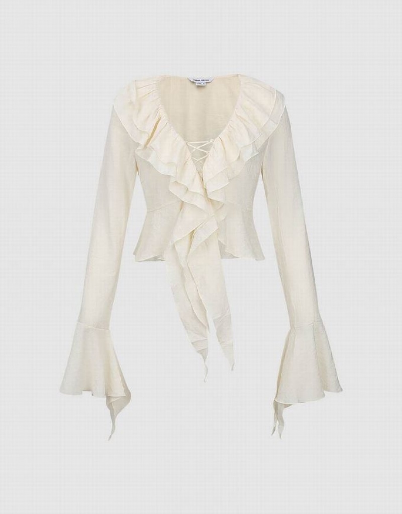 Urban Revivo Ruffle Lapel Women's Shirts White | DMBZOWQ-83