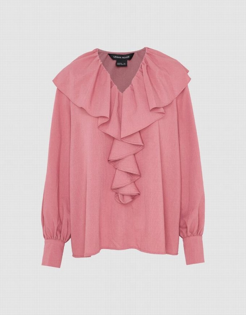 Urban Revivo Ruffle V-Neck Overhead Women's Blouse Pink | BIOYXFZ-61