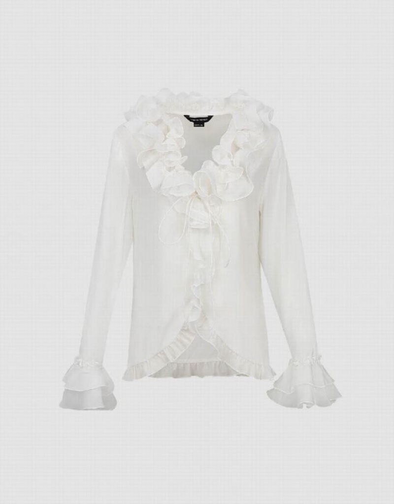 Urban Revivo Ruffle V-Neck Tie Front Women's Blouse White | ZHLNDXJ-06