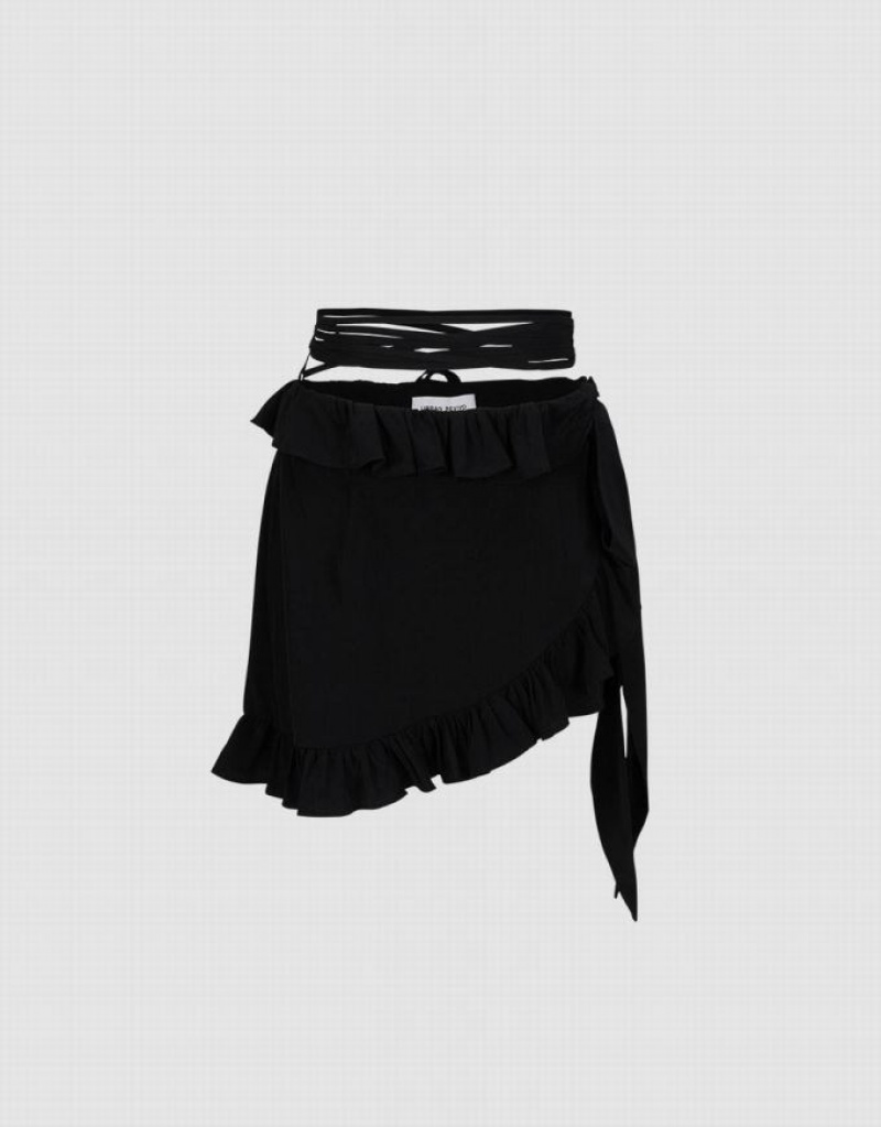 Urban Revivo Ruffled Wrap Women's Skirts Black | AIZGSRW-02