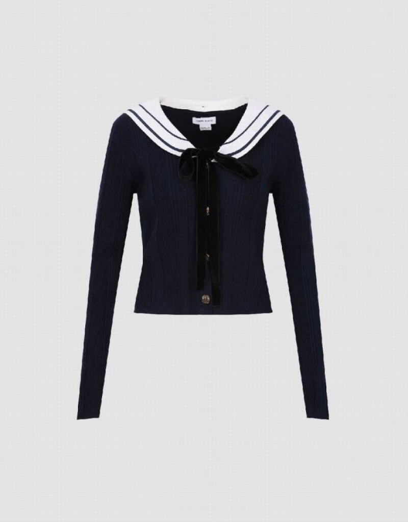 Urban Revivo Sailor Collar Neck Knitted Women's Cardigan Blue | WMDIZAQ-25