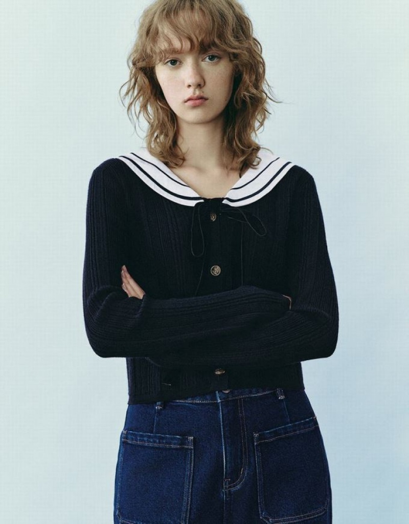 Urban Revivo Sailor Collar Neck Knitted Women\'s Cardigan Blue | WMDIZAQ-25