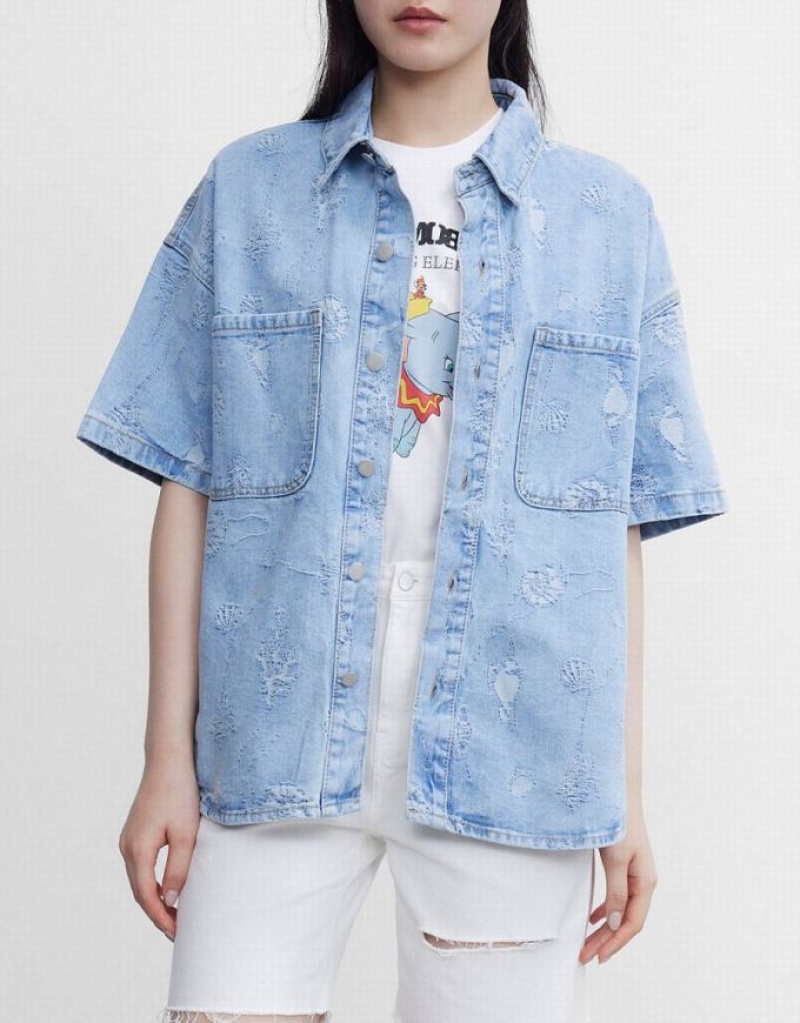 Urban Revivo Seashell Patched Pocket Denim Women's Shirts Blue | REULYAS-03