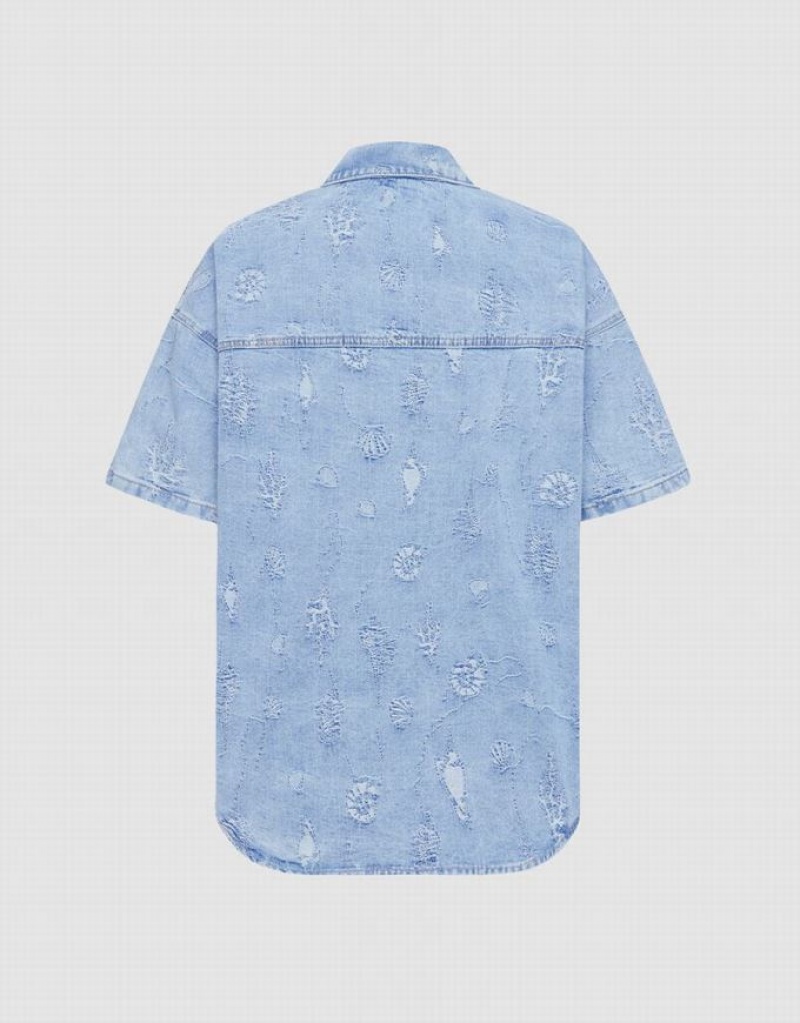 Urban Revivo Seashell Patched Pocket Denim Women's Shirts Blue | REULYAS-03