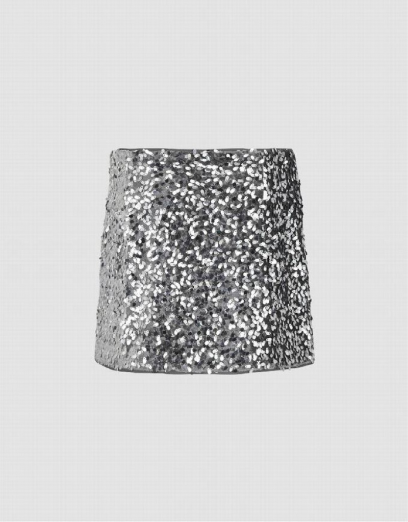 Urban Revivo Sequins Mini Skinny Women's Skirts Silver | LRUZISB-65