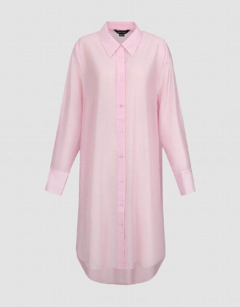 Urban Revivo Sheer Long Straight Women's Shirts Pink | TWGDSEA-89