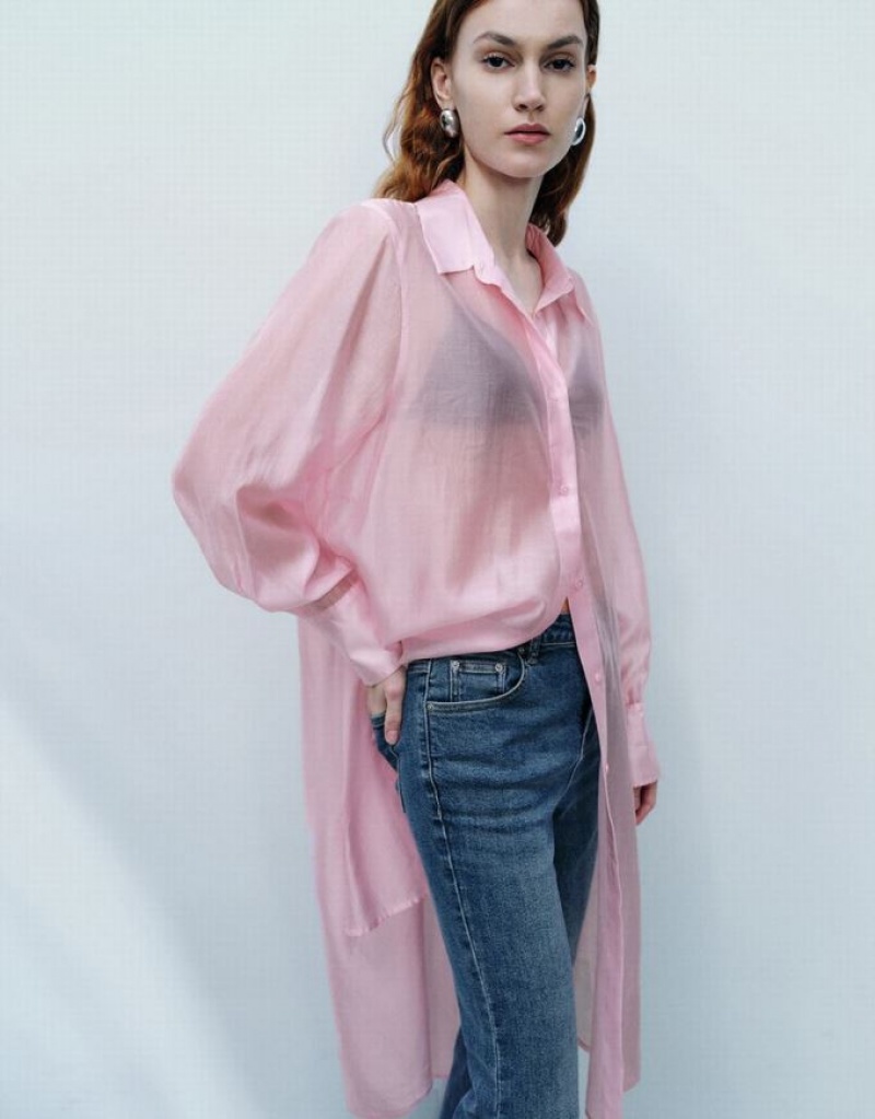 Urban Revivo Sheer Long Straight Women's Shirts Pink | TWGDSEA-89