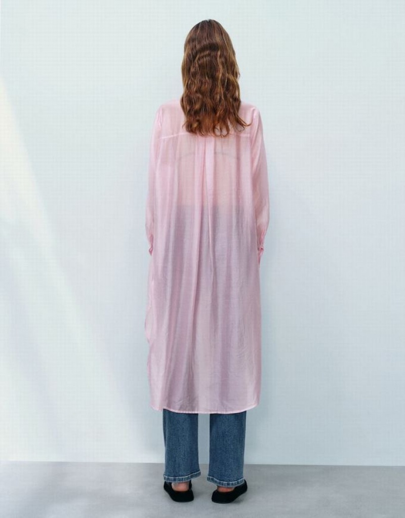 Urban Revivo Sheer Long Straight Women's Shirts Pink | TWGDSEA-89