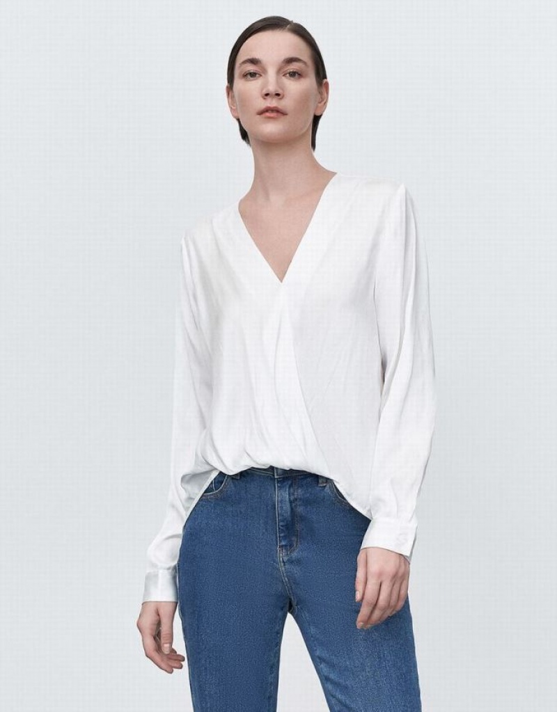 Urban Revivo Silk Effect Wrap Women's Blouse White | HGQAXKD-40