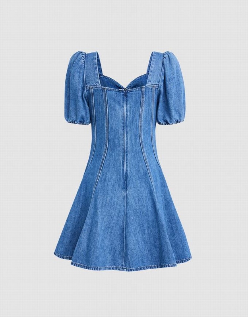 Urban Revivo Skater Women's Denim Dress Blue | KJSRCPQ-83