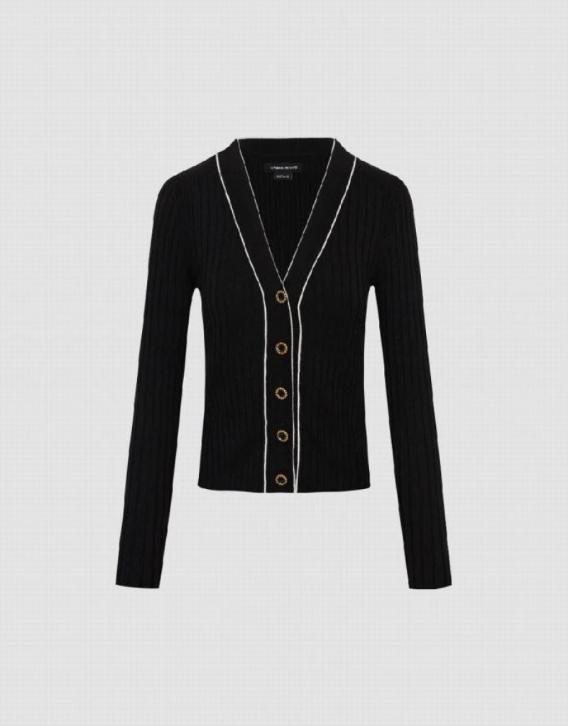 Urban Revivo Skinny V-Neck Knitted Women's Cardigan Black | YCNPFKX-87