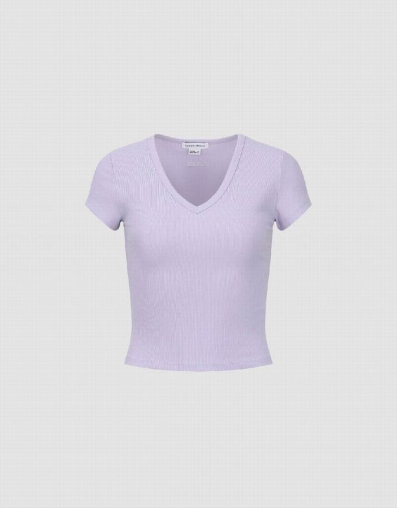 Urban Revivo Skinny V-Neck Knitted Women\'s T-Shirts Purple | WDOMGRQ-81