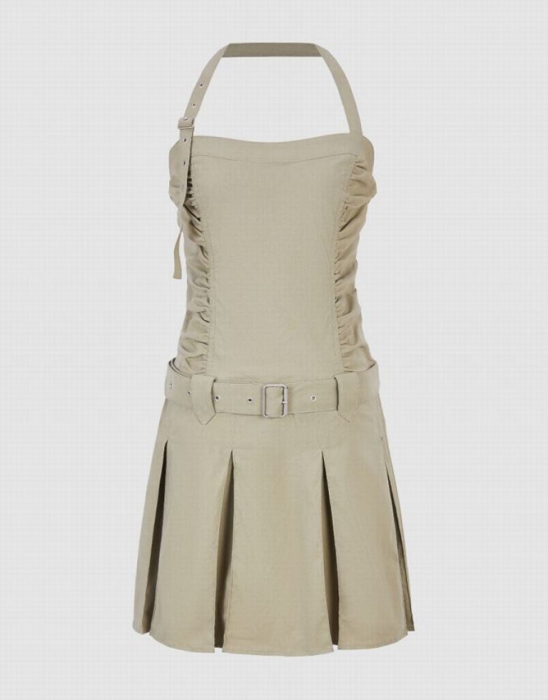 Urban Revivo Sleeveless A-Line With Belt Women's Dress Khaki | UPDXKSF-59