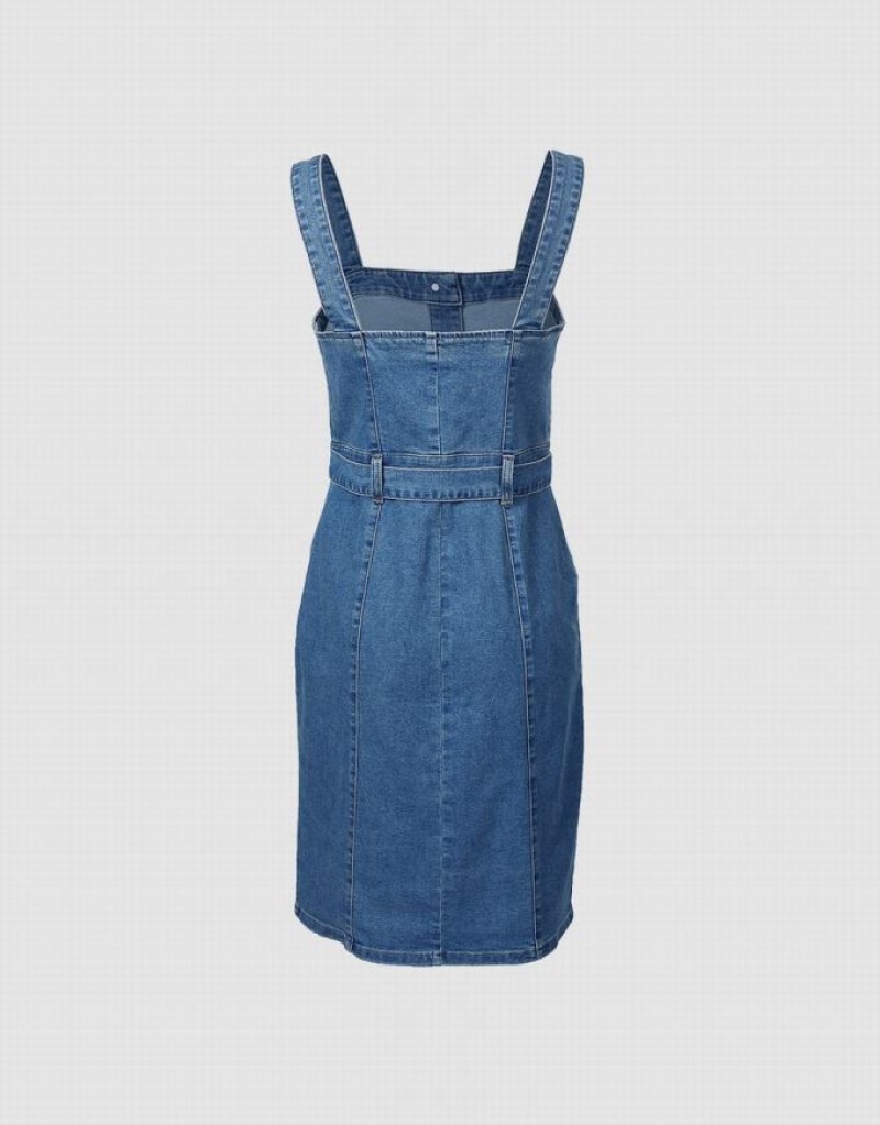 Urban Revivo Sleeveless Button Front Women's Denim Dress Blue | WUAZKOT-49