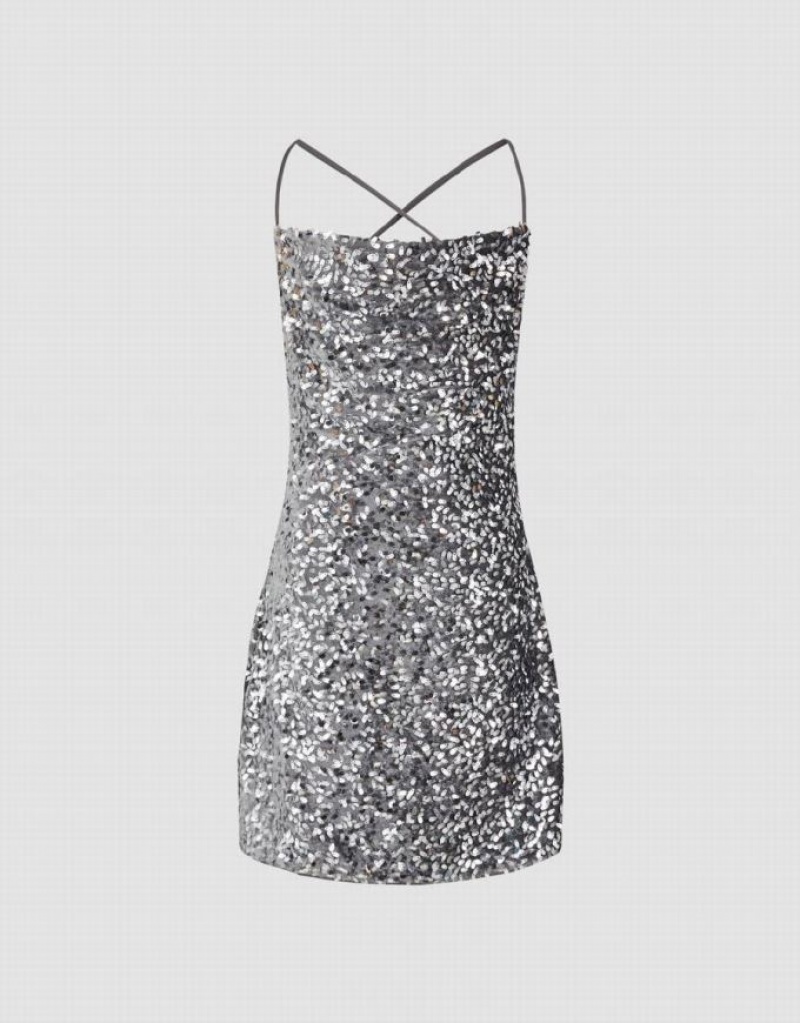 Urban Revivo Sleeveless Cowl Neck Skinny Sequins Women's Dress Silver | PEHFVAU-71