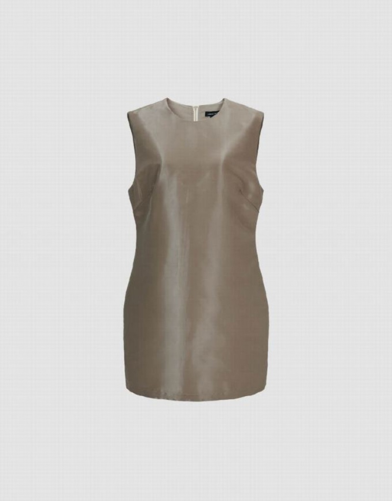 Urban Revivo Sleeveless Crew Neck Straight Women's Dress Khaki | NKQRIPV-60