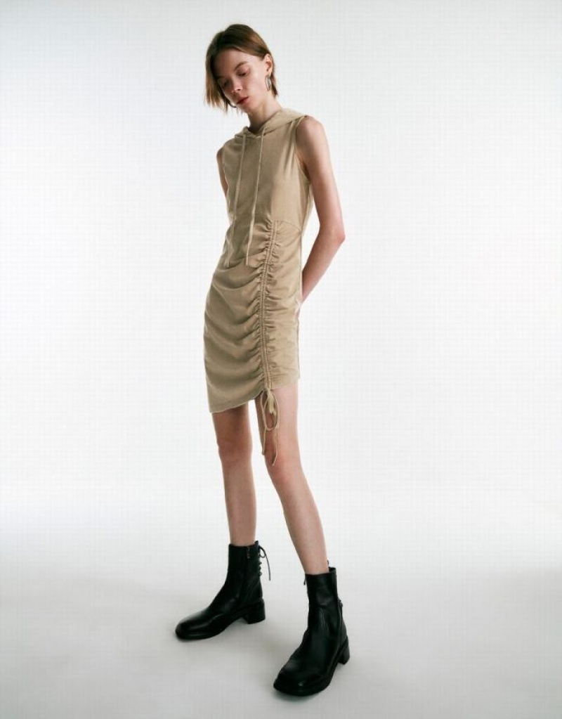 Urban Revivo Sleeveless Hooded Skater Women's Short Dress Khaki | AEVTIMO-84