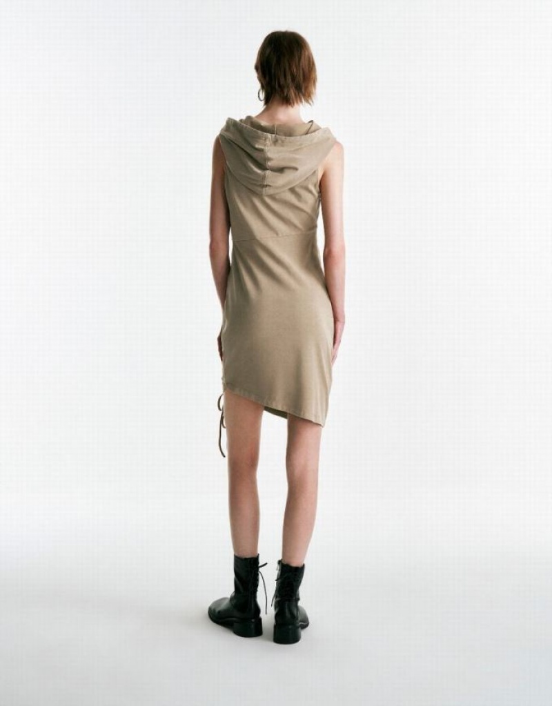 Urban Revivo Sleeveless Hooded Skater Women's Short Dress Khaki | AEVTIMO-84