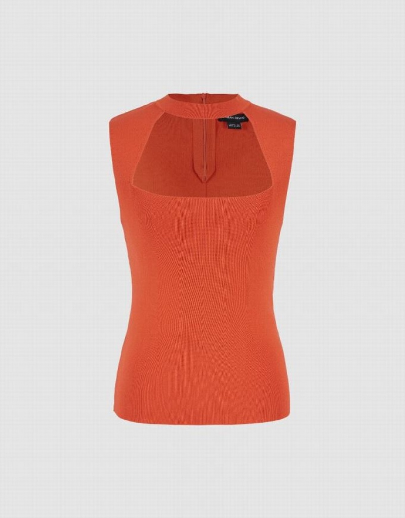 Urban Revivo Sleeveless Keyhole Neck Knitted Women's Cardigan Orange | NGSXMAP-02