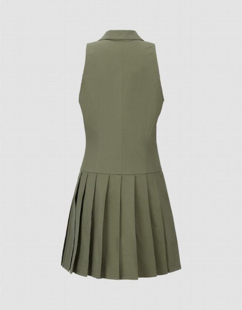 Urban Revivo Sleeveless Lapel Skater Women's Short Dress Khaki | MSGEZKX-50