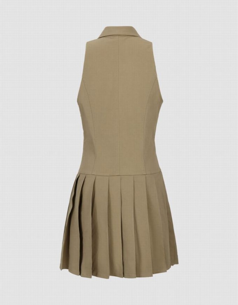 Urban Revivo Sleeveless Lapel Skater Women's Short Dress Khaki | MSGEZKX-50