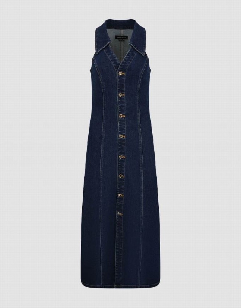 Urban Revivo Sleeveless Lapel Women's Denim Dress Blue | RCKFOSU-49