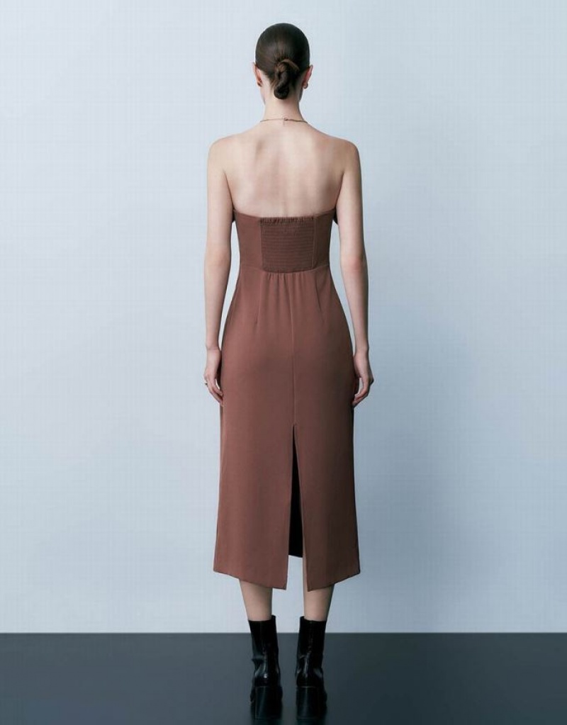 Urban Revivo Sleeveless Off-Shoulder Skinny Women's Dress Brown | BPVETUY-08