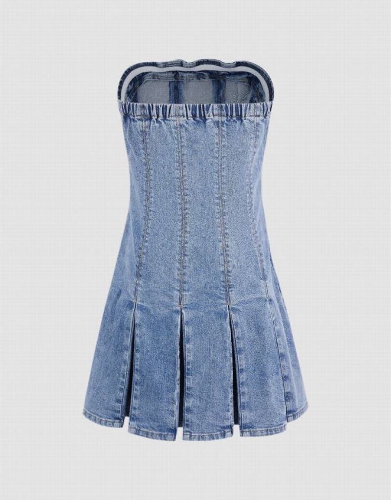 Urban Revivo Sleeveless Off-Shoulder Women's Denim Dress Blue | SJIELXU-14